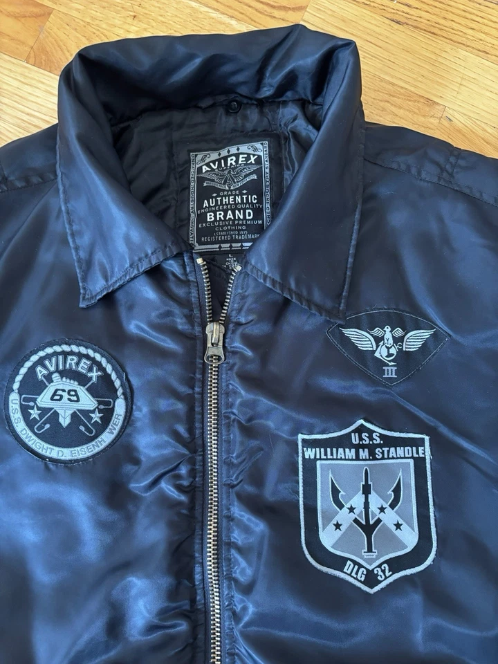Avirex Hombre Chaqueta de Vuelo Negra Parches Cremallera Nylon Talla L Foto 4 de 4