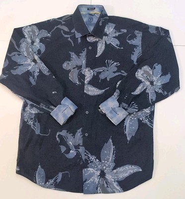 Bugatchi Navy Blue Floral Contrast Cuffs Button Up Long Sleeve Club Shirt Men L 