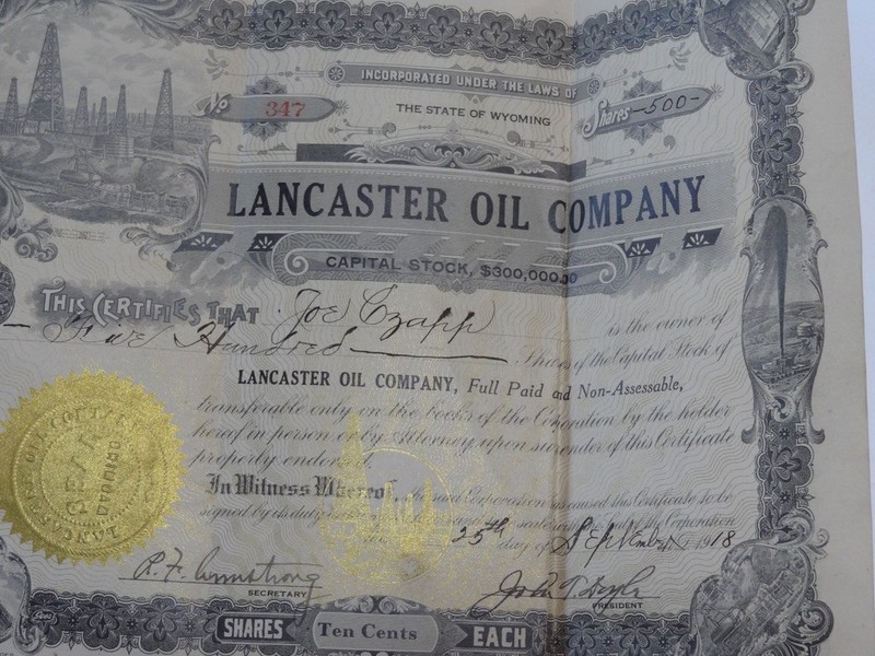 Lancaster Oil Company Certificate for 500 shares,dated 1918