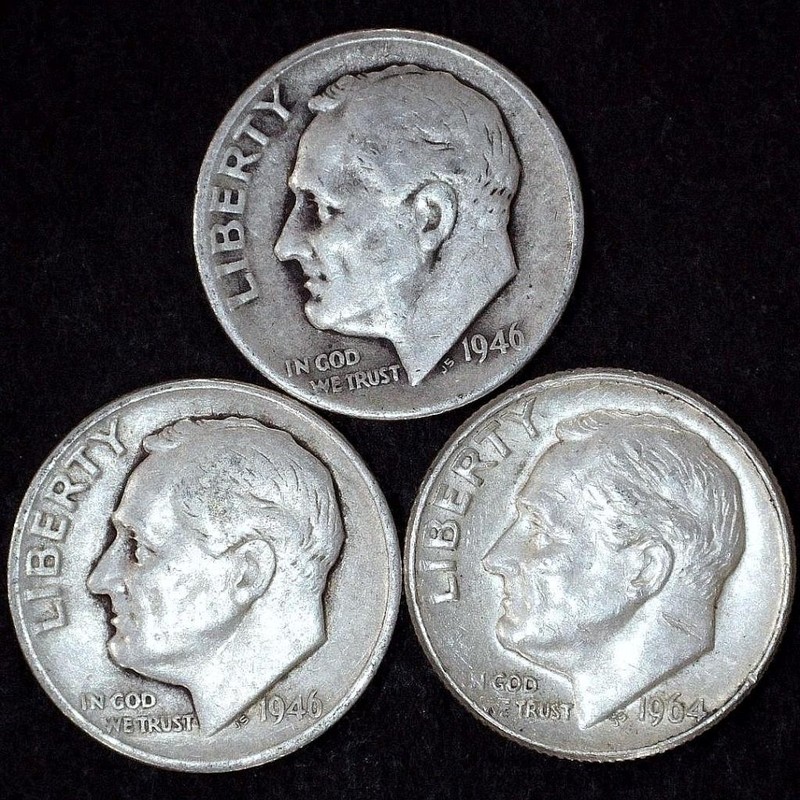 ((LOT OF 3)) 1946D / 1946D / 1964D Roosevelt Dimes (90% Silver)  *COINS* 0710-02