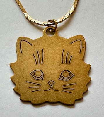 VINTAGE CAT FACE BRASS PENDANT 1 1/4'' NECKLACE 24'' VTG BRASS CHAIN