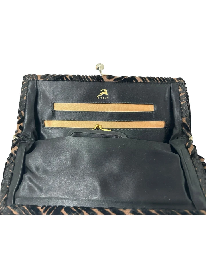 Elegante monedero y bolso de mano vintage con forro de satén de seda marrón y negro con broche Koret Foto 3 de 4