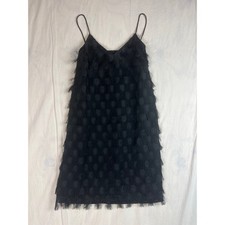 Jenn & Jo Black Fringe Polka Dot Shift Dress Spaghetti Strap V-Neck Small NEW