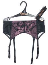 GOSSARD VIP Indugence Suspender Belt Small UK 10 BLACK / PLUM BNWT