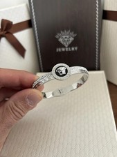Silver Tone Stainless Steel Versace Medusa Face Bangle with Zircon Stones. New