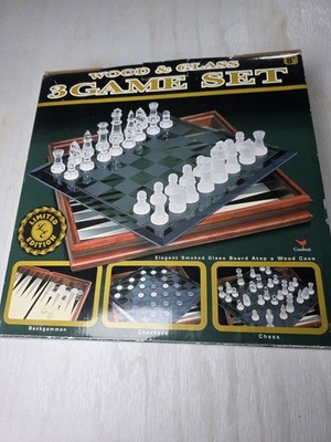 Cardinal Limited Edition Wood & Glass  3  Game Set Backgammon Checkers Chess NIB