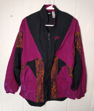Vtg 80s Nike Track Jacket Women M Black Maroon Bold Pattern Festival Windbreaker