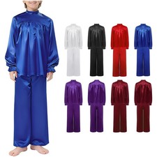 Boys Long Sleeve Praise Dance Pullover Tops Wide Leg Pants Liturgical Dancewear