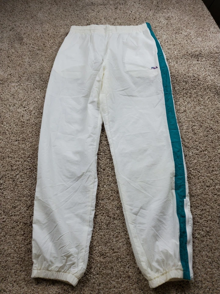 Vintage Fila Track Pants Mens 38 White Teal Side Stripe Nylon Windbreaker 90s - Image 2 of 4