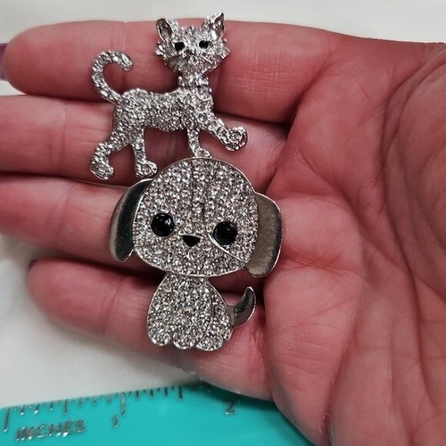 2 Stück Katze Hund Silber Broschen Retro Stil Pins Strass skurril süß NEU - Bild 5 von 5
