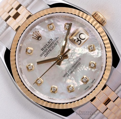 Rolex Mens Datejust 116233 Jubilee 36mm 18k Fluted Bezel White MOP Diamond Dial