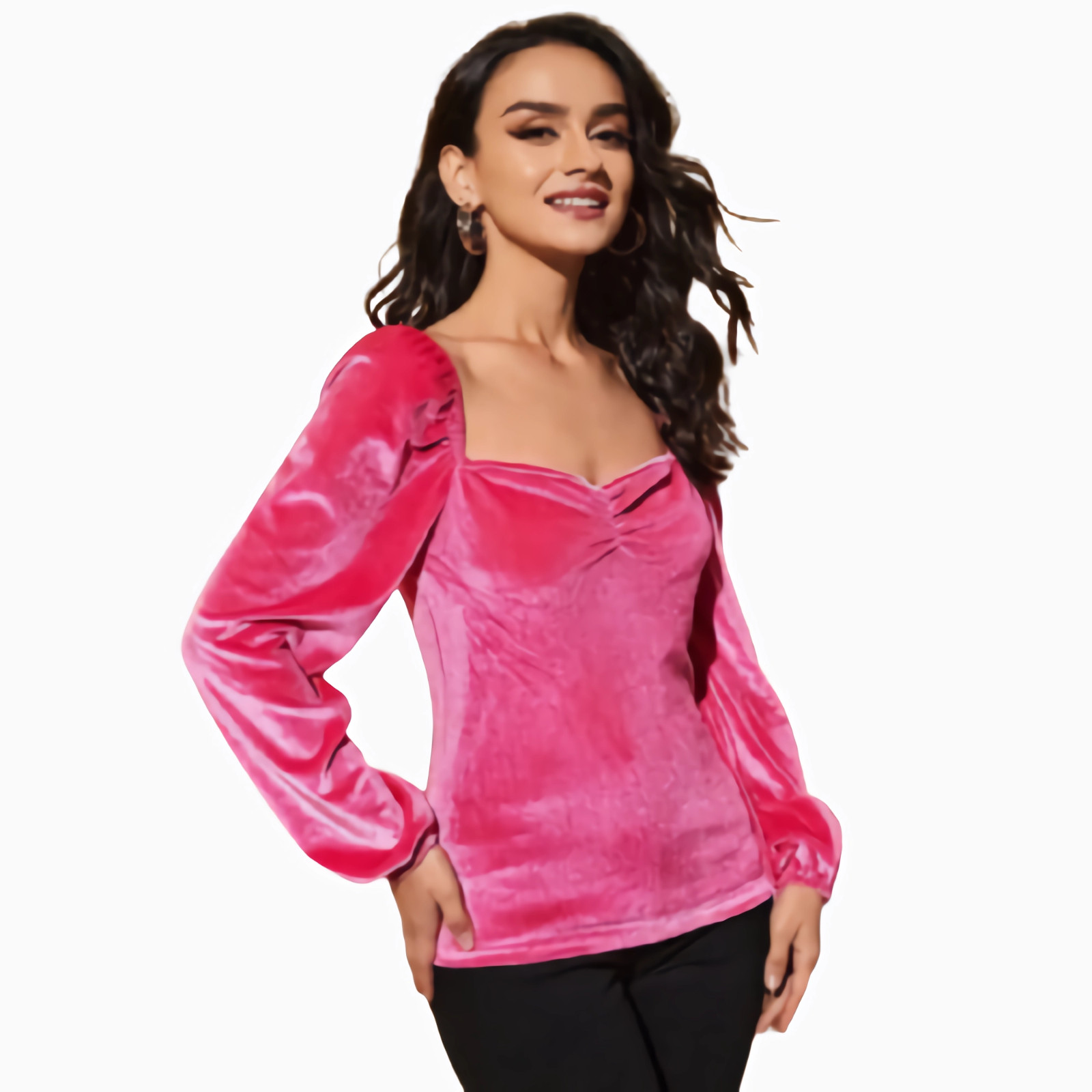 Top Ajustado De Terciopelo Mujer Rosa Diseño Fruncido Glamour Escote Corazón