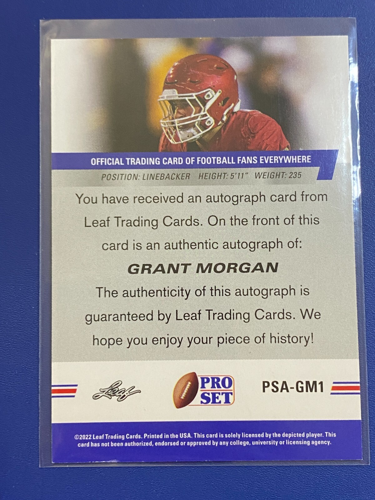🏈 2022 Leaf Pro Set Football Autograph #PSA-GM1 Grant MORGAN 🏈 view 2