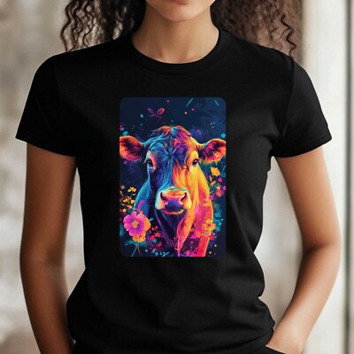 T-Shirt Frauen Neon Kuh Motiv Baumwolle Größe XS bis 3XL