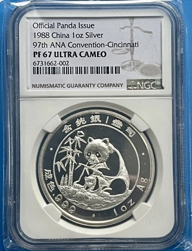 1988 China Panda 97th ANA Conversion - Cincinnati 1 oz 999 Silver NGC67 PROOF