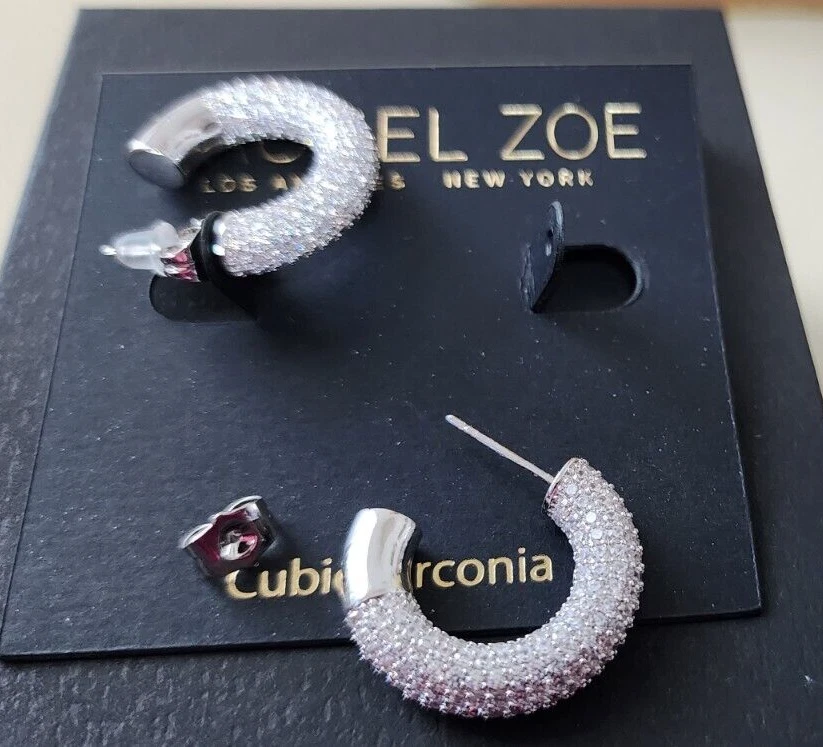 RACHEL ZOE Cubic Zirconia Pave Silver Tone Hoop Cubic Zirconia Earrings NWT — 第 2/3 张图片