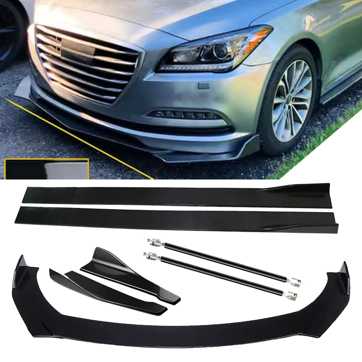 Glossy Front Splitter Lip Spoiler with Side Skirts for Hyundai Genesis
