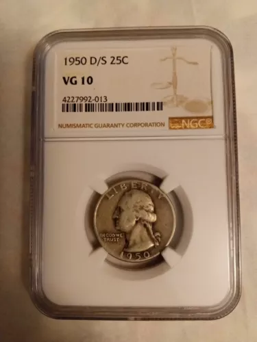 1950-D D/S 25c Washington Quarter Over Mint Mark  NGC VG10 Reverse Toning