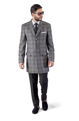 Grau kariert Wolle 3 Knopf Herren Mantel Kerb Revers 3/4 Topcoat Slim Fit AZAR - Bild 1 von 5