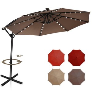 10 Ft Aluminum Offset Cantilever Solar Tilt Patio Umbrella Led Lights 360 Degre Ebay