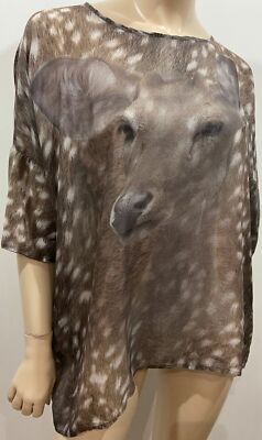 EMMA COOK beige creme Hirsch Tiermotiv Seide Chiffon Kurzarm Bluse Top 12