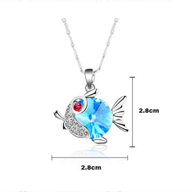 Womens Rose Crystal Zircon Silver Plated fish Pendant Necklace