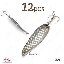 12pcs 3oz Fishing Trolling flutter Spoons Treble Hook Jig Lures Silver Tape @US