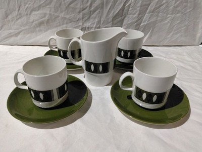 Johnson Bros Snowhite Sorrento 4 x Tassen & Untertassen & Milchkännchen Vintage Olivenblatt 