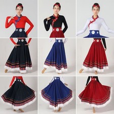 Tibetan Dance Costume Chinese Traditional Folk Stage Festival Outfit Long Skirts