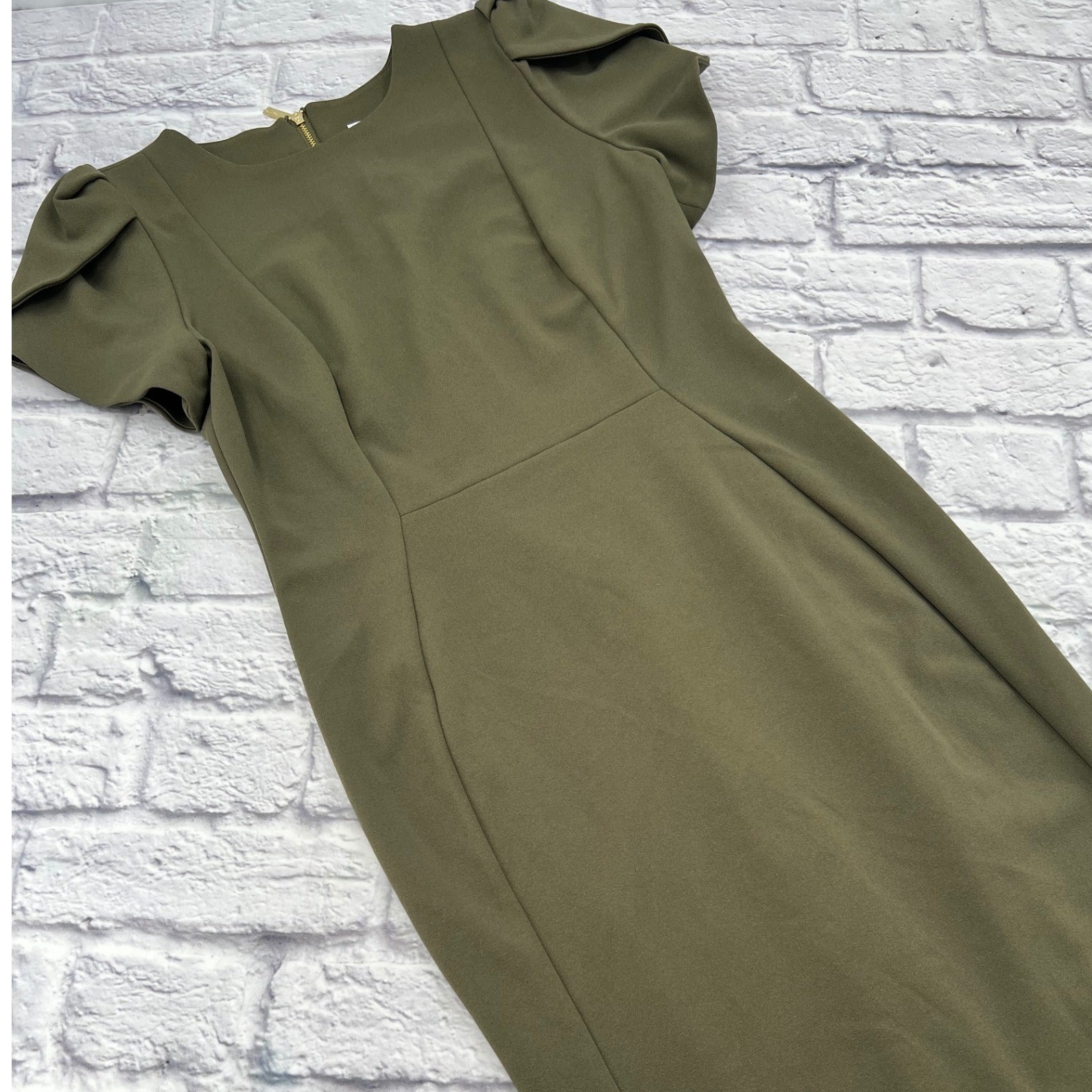 Calvin Klein Womens Olive Green Petal Sleeve Sheath Midi Dre