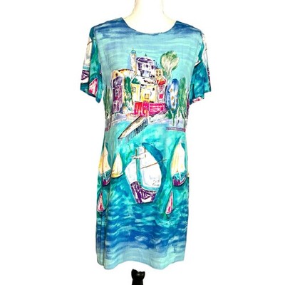 VTG 90s R.J. Collection by Chelsea Russo Harbor Scene Art Print Dress USA Large