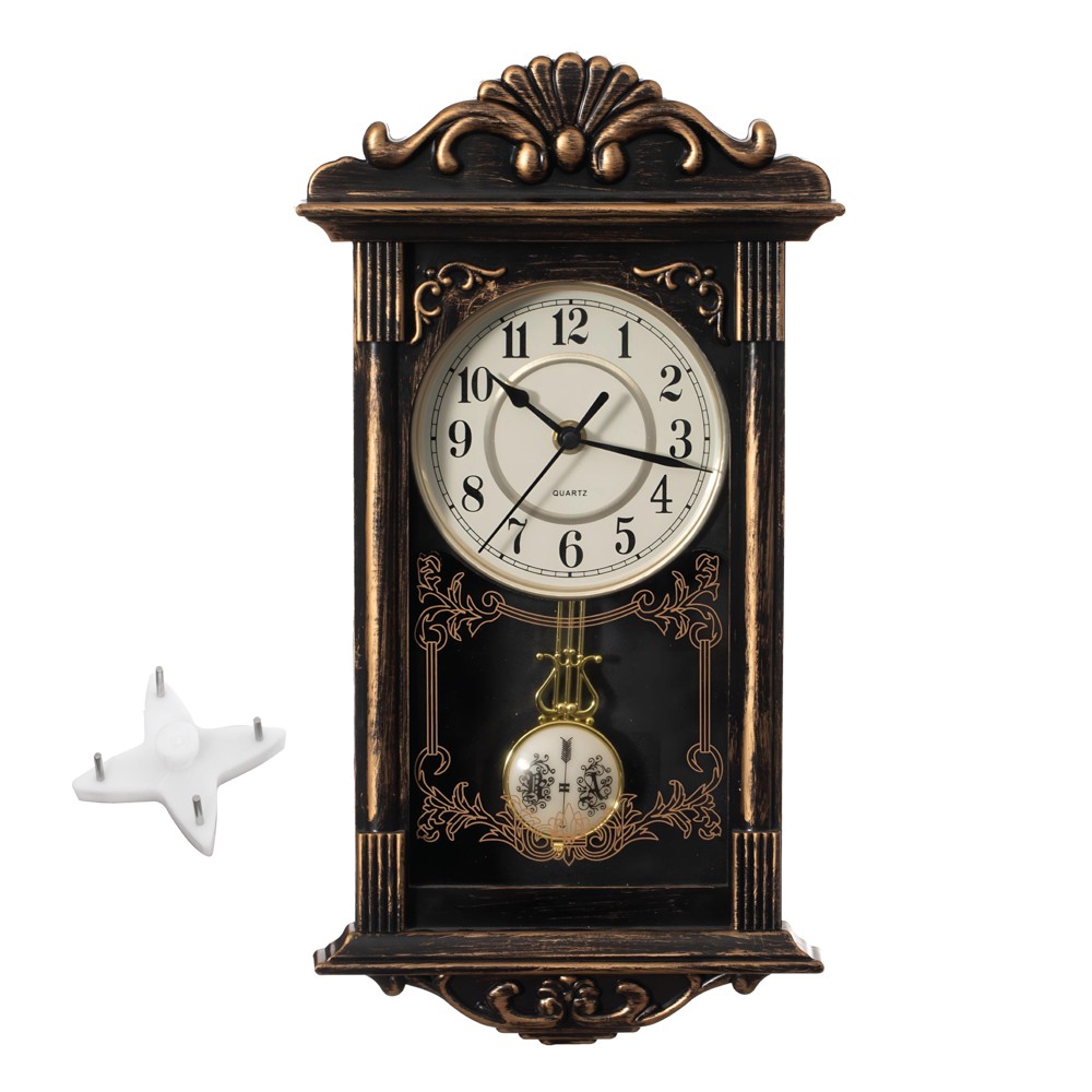 NEW Clockswise Vintage Grandfather Wood- Looking Plastic Pendulum Wall Clock