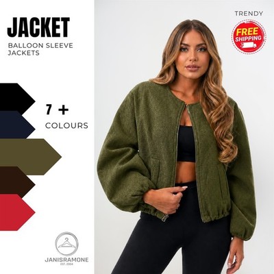 Damen Ballonärmel Bomberjacke Uni Reißverschluss Italienisch Rüschen Arm Crop Jacken