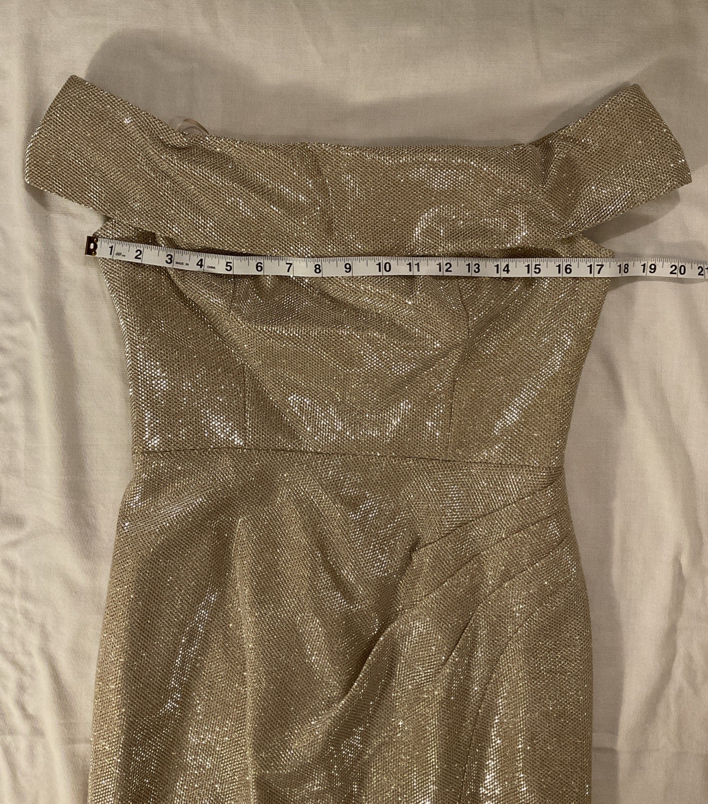 Teri Jon By Rickie Freeman Off Shoulder Metallic Jacquard Column Gown Gold, Sz 8