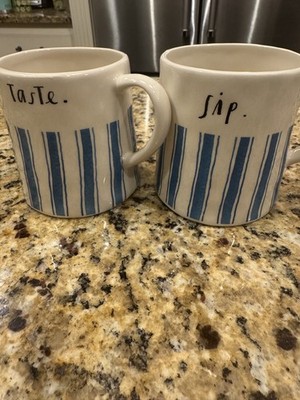 Rae Dunn Coffee Mugs 16 Oz Enjoy & Sip White Blue Stripes Artisan Collection 