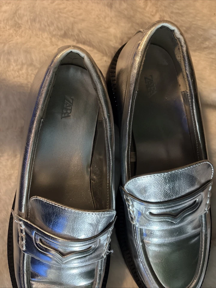 Mocasines Zara para mujer metálicos plateados talla 39 o EE. UU. 8,5 plataforma gruesa y2k Foto 4 de 4