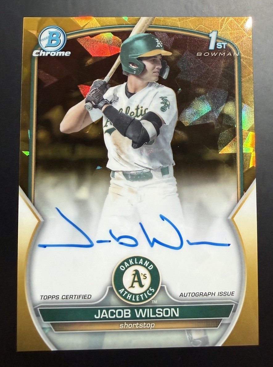 2023 Bowman Chrome Draft Sapphire Jacob Wilson Auto 1st Oakland CDA-JWI Gold /50