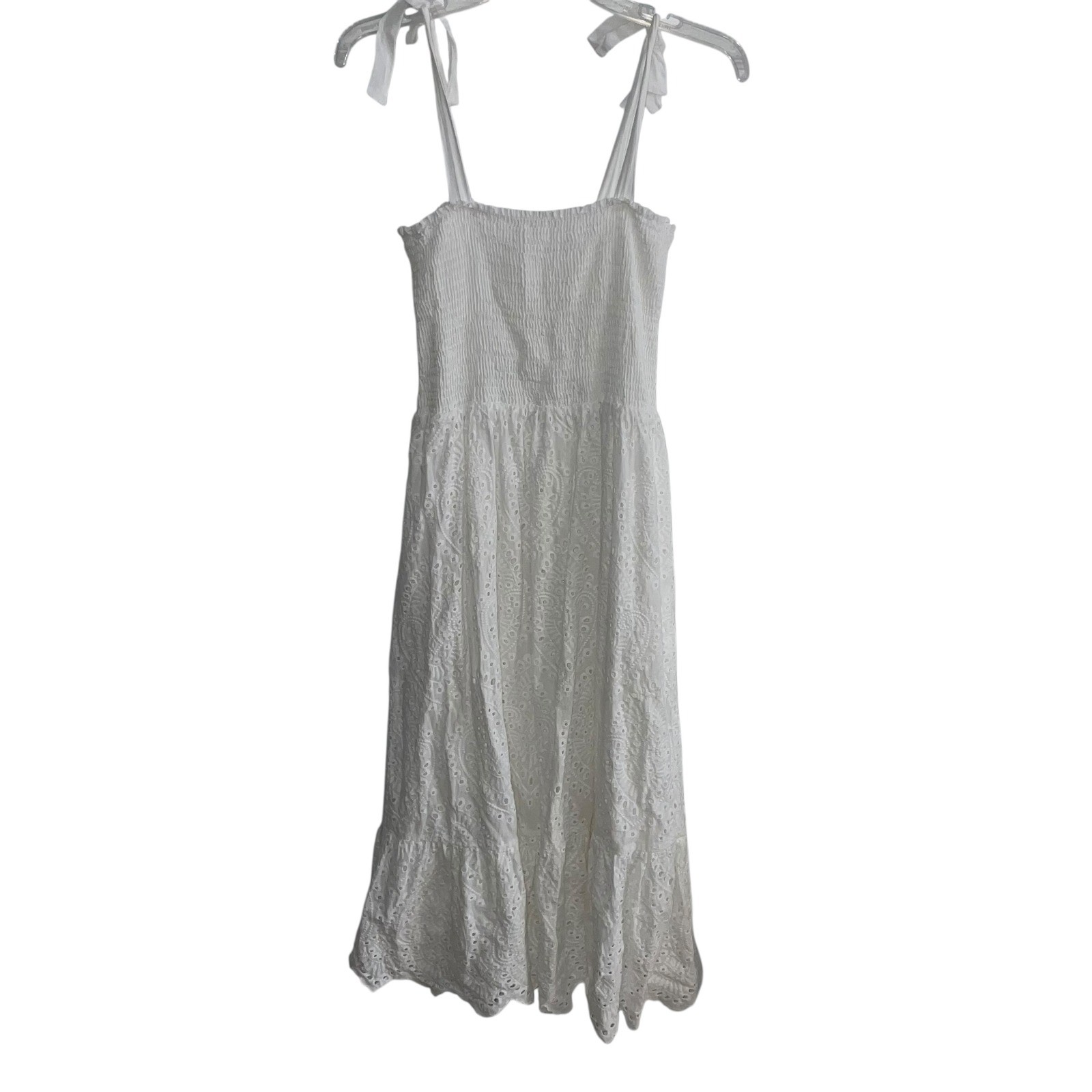 Pink Lily White Eyelet Smocked Midi Dress Tie Straps Women's Size M