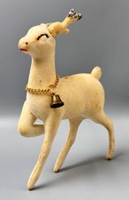 Vintage Japan White Flocked Prancing Reindeer w Bell Christmas Figures 5.5 READ