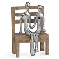 Aluminium Figur Paar Auf Holzbank Silber 15,5 Cm Moderne Deko Skulptur Liebe