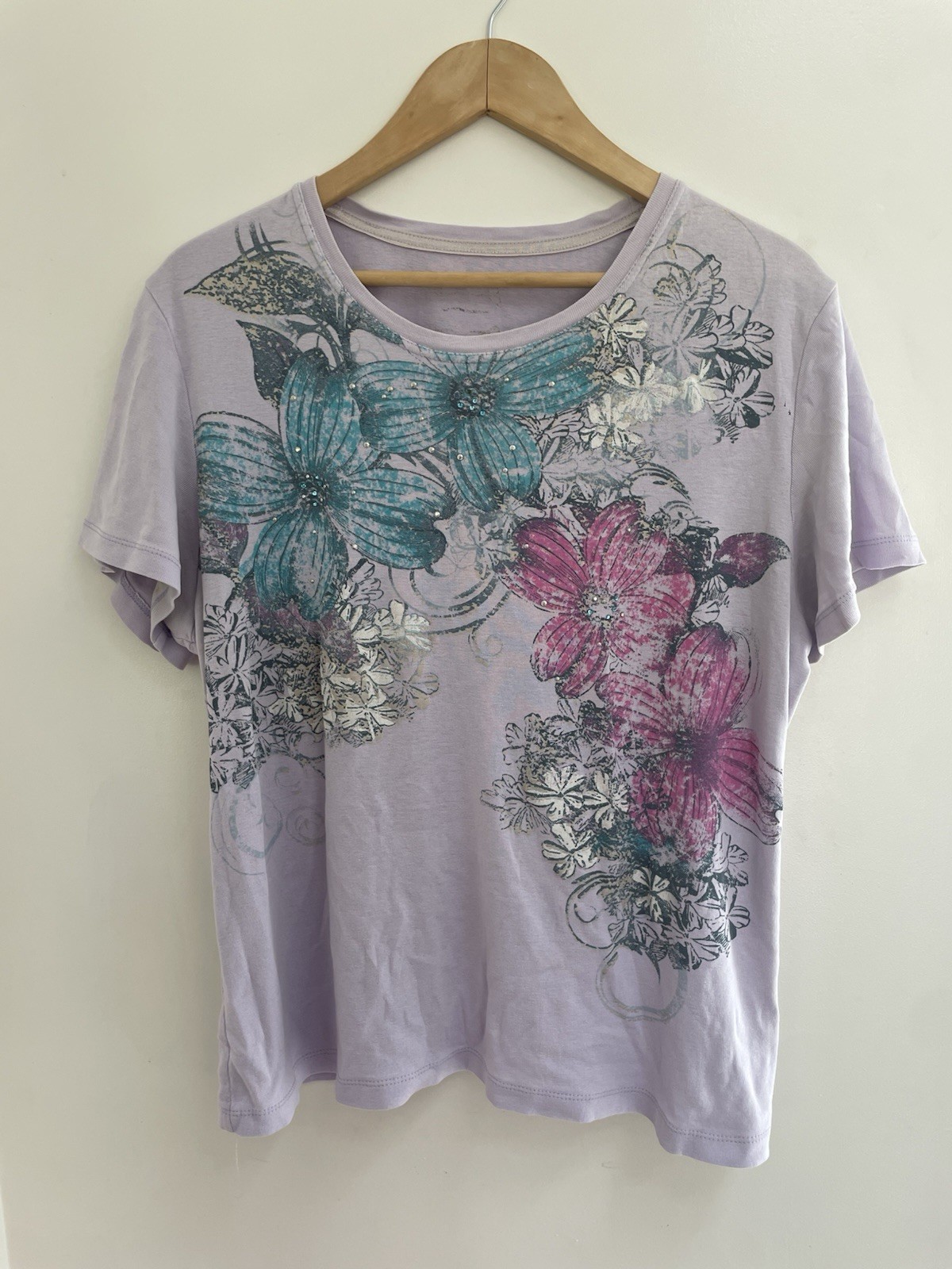 Women's Studded Pink Floral 100% Cotton Crewneck Short Sleeve Shirt Lavender XL