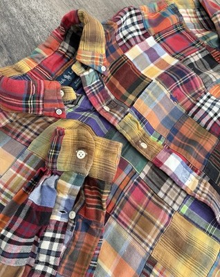Polo Ralph Lauren Patchwork Flannel VTG Madras Blake Fit Button Down Shirt Sz L