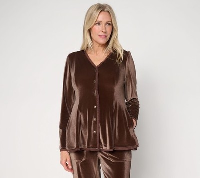 LOGO by Lori Goldstein Lavish Button Front Knit Velvet Top Chicory Coffee L New