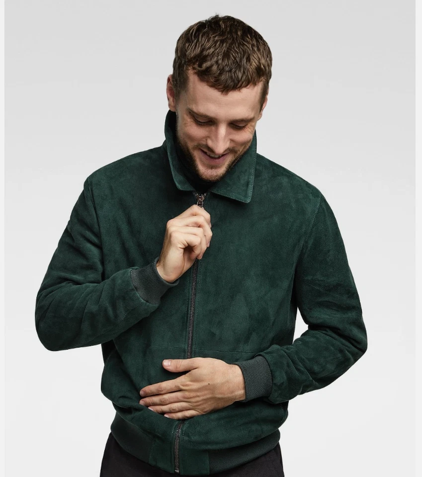 ZARA Men's M Green Goatskin Suede Bomber Aviator Jacket with Wool Collar - Image 3 of 4