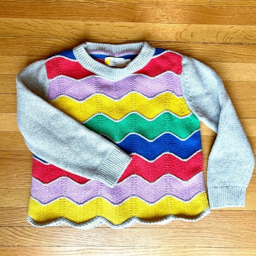 Boden Kids Rainbow Chevron Zigzag Knit Sweater Scalloped Hem Grey 4-5Y 110cm