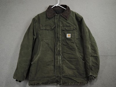 Carhartt Coat Mens Medium Green Duck Canvas Corduroy Collar Quilted Chore C28