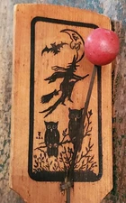 RARE Antique T.Cohn WOOD BASE Litho WITCH OWLS Noisemaker VINTAGE Halloween #5