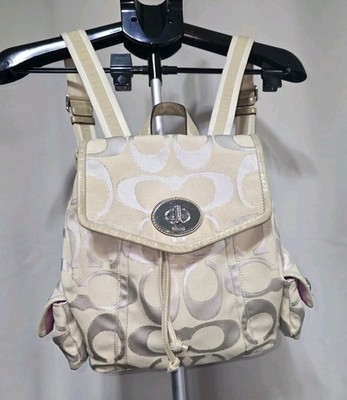 Coach Monogram Poppy Signature Sateen Lurex Backpack Beige Gold Metallic 16696