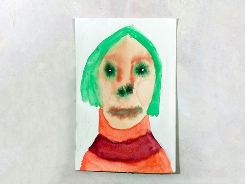 Outsider Art Stressed Woman Painting Naive Ugly Portrait Cartoon Watercolor Art - Picture 2 of 13