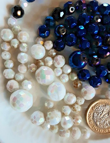 Vintage Dark Blue and White Iridescent Faceted Glass Beads - Jewellery Making - Picture 2 of 6